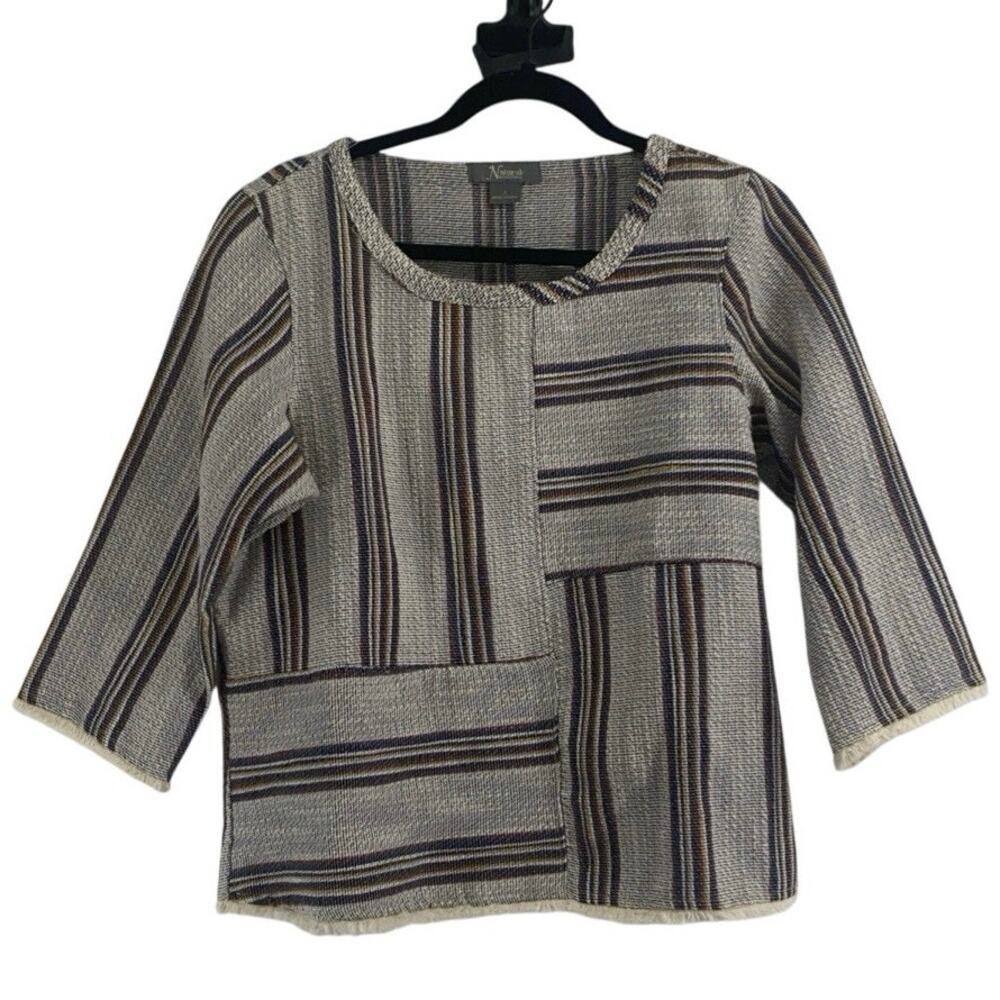 Natural Reflections Shirt Women's Small Ivory Black Striped 3/4 Sleeve Top